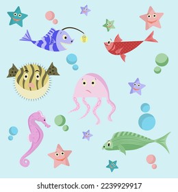 Set of icons with cute sea animals and fish. Vector illustration.