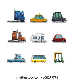 Set of icons cute stylized cars isolated on white background. Vector illustration.