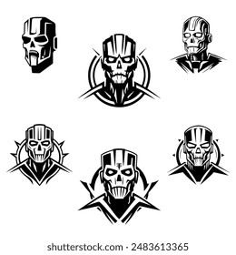 Set of icons with cyborg killer robot head. Vector monochrome stroke logos