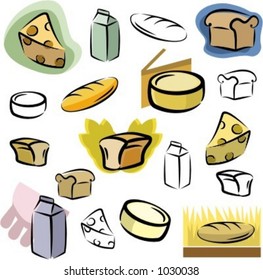 A set of icons of dairy and bread vector icons in color, and black and white renderings.