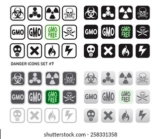 Set of icons for dangerous and hazardous product like radiations, poisons, toxic substances or fire and electricity