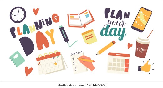 Set of Icons Day Planning Theme. Hand Filling To Do List, Calendar, Notebook with Duties and Deals List. Smartphone with Application or Reminder, Coffee and Thumb Up Sign. Cartoon Vector Illustration