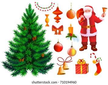 Set icons for decorating a realistic Christmas tree and Santa Claus. Vector illustration on white. 