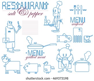 A set of icons for the decoration of the restaurant's menu. Design style, logo, symbols.