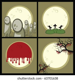 Set of icons (decorative elements). Halloween. Gloomy night. A full moon. On a cemetery zombies wander.