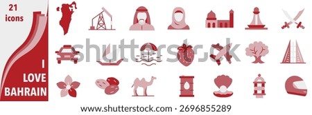 A set of icons dedicated to Bahrain in a flat minimalist style using national colors. EPS 10.