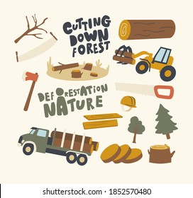 Set of Icons Deforestation and Tree Cutting Theme. Truck Transportation, Logs and Loader in Forest, Nature, Wooden Stumps and Lumberjack Equipment and Tools Helmet, Axe. Linear Vector Illustration