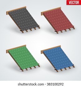Set of Icons demonstration bitumen shingles roofing cover on the roof.  Vector Illustration. 