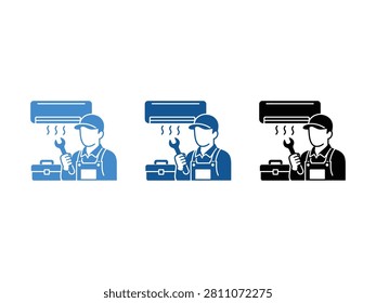 Set of icons depicting an air conditioning repair technician holding a wrench with a toolbox and AC unit