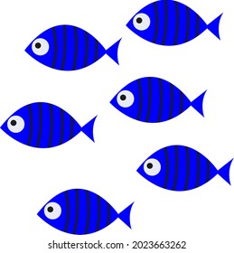 
A set of icons depicting aquatic animals with various fins, scales, tails and gills swimming in the water. Fish swim. Ocean pattern