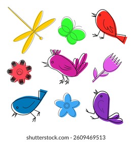 A set of icons depicting birds, flowers, butterflies and dragonflies isolated on a white background. Linear style, color spot. Spring vector illustration for projects
