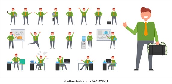 Set of icons depicting businessman cartoon style isolated vector illustration. Smiling man wearing green sweater with orange tie and grey pants at work