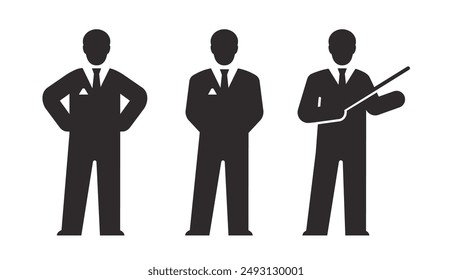 Set of icons depicting a businessman in three different poses. This vector illustration can symbolize leadership, presentation skills, and professionalism in a corporate setting.