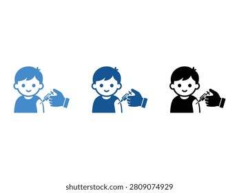 Set of icons depicting a child receiving a medical injection from a gloved hand, representing vaccination and healthcare.