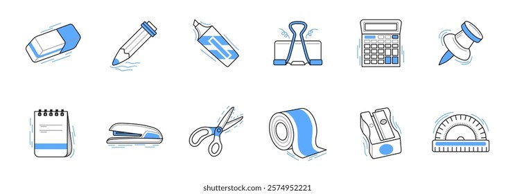 set of icons depicting common office and school supplies.
