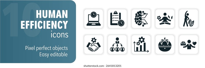 Set of icons depicting concepts related to human efficiency, including time management, productivity, and work-life balance