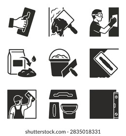 Set of icons depicting construction workers applying plaster to walls using tools and materials like trowels, buckets, and bags of cement.