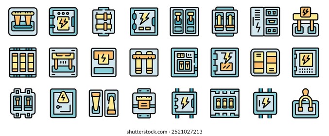 Conjunto de ícones que representam diferentes painéis elétricos, disjuntores e outros componentes elétricos usados para fonte de alimentação e distribuição