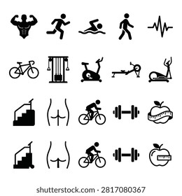 Set of icons depicting different workout activities like weightlifting running swimming cycling and gym equipment such as treadmills and dumbbells isolated on transparent background