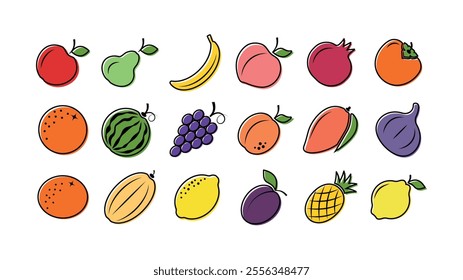 Set of icons depicting fruits on a white background