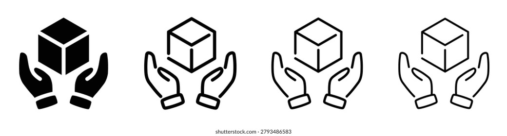 A set of icons depicting hands gently holding a cube, symbolizing careful handling and protection of goods during transit or storage