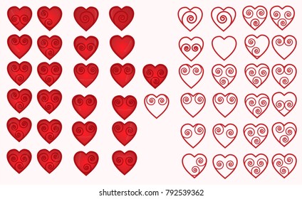 set of icons depicting heart contours and shading