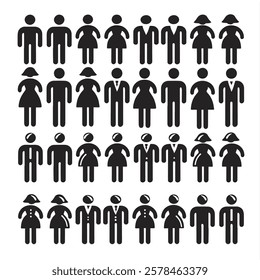 A set of icons depicting human silhouettes. Black and white people of female and male silhouette