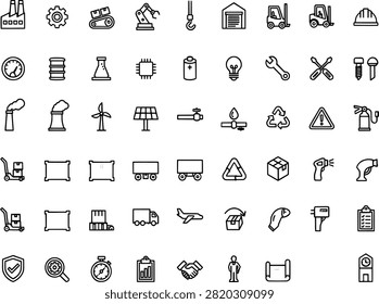 Set of icons depicting industry tools machinery energy sources and transportation on transparent background