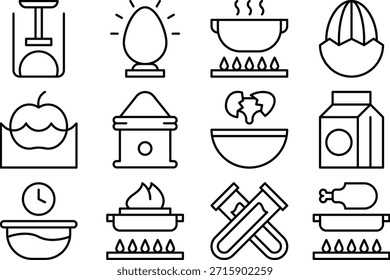 Conjunto de iconos que representan herramientas de cocina y alimentos aislados sobre fondo transparente
