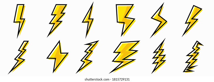 A set of icons depicting lightning, lightning strike, or thunderstorm. Suitable for voltage, electricity and power signs. vector illustration