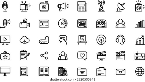 Set of icons depicting media tools technology communication devices and related symbols on transparent background