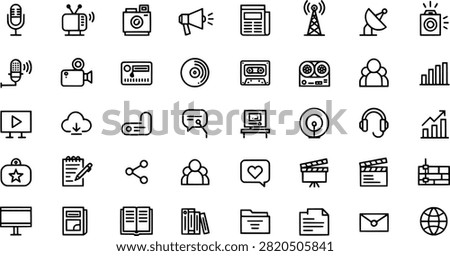 Set of icons depicting media tools technology communication devices and related symbols on transparent background