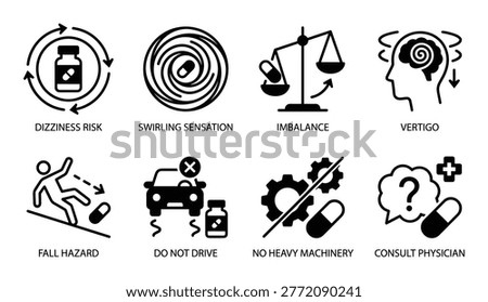 Set of icons depicting medication side effects dizziness vertigo imbalance fall hazard driving warning machinery caution and medical advice.