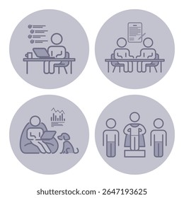 Conjunto de ícones que descrevem várias atividades relacionadas ao trabalho, incluindo atividades individuais na mesa, discussões em grupo, análise de dados e pessoas com cão