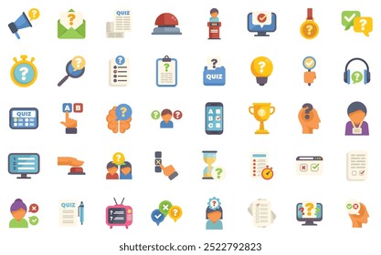 Set of icons depicting people taking online quizzes, answering questions, and solving problems