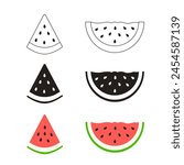 A set of icons depicting sliced slices of ripe watermelon in a flat style. Halves, slices and triangles of watermelon. Vector colorful illustration isolated on a white background
