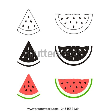 A set of icons depicting sliced slices of ripe watermelon in a flat style. Halves, slices and triangles of watermelon. Vector colorful illustration isolated on a white background