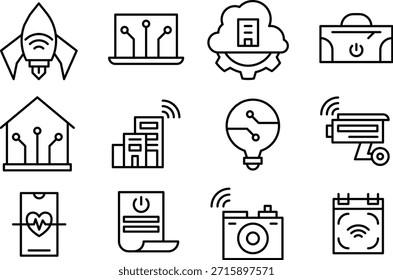Set of icons depicting technology themes isolated on transparent background