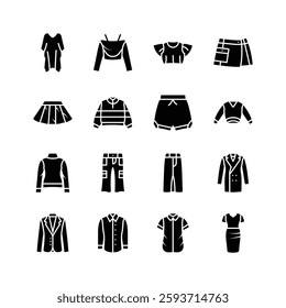 A set of icons depicting various clothing items including shirts, blouses, skirts, pants, shorts, a dress, and a jacket