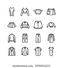 A set of icons depicting various clothing items including shirts, blouses, skirts, pants, shorts, a dress, and a jacket