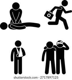 Um conjunto de ícones que retratam vários cenários de primeiros socorros e cuidados de emergência, incluindo RCP, bolsa médica de emergência, médico com estetoscópio e pessoas que apoiam uma pessoa ferida.