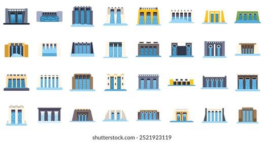 Conjunto de iconos que representan varias centrales hidroeléctricas, destacando el flujo de agua a través de presas para generar energía renovable