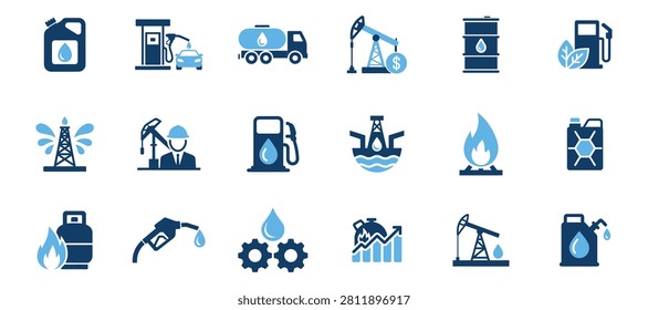 Set of icons depicting various oil industry elements isolated on transparent background