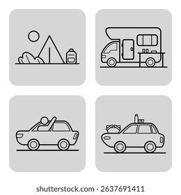 Set of icons depicting various outdoor adventures including camping, traveling in an RV, and road trips. Travel concept