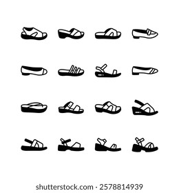 A set of icons depicting various styles of women's summer footwear.