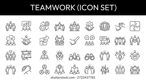 Un conjunto de iconos que representan varios conceptos de trabajo en equipo y colaboración, incluidas las personas que trabajan juntas, la comunicación y la asociación.