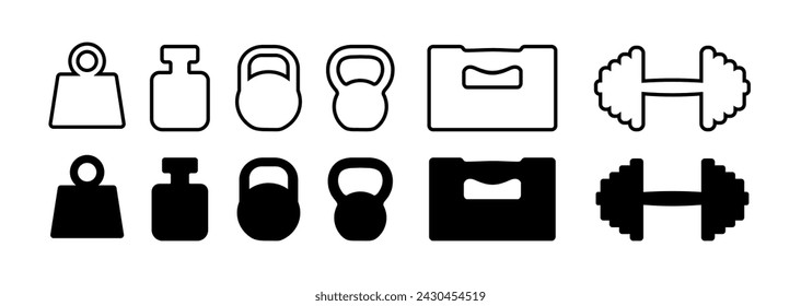 set of icons depicting weights. kilograms. Kettlebell, heavy weight icons. Iron dumbbell with kettlebells in vector icons. eps 10