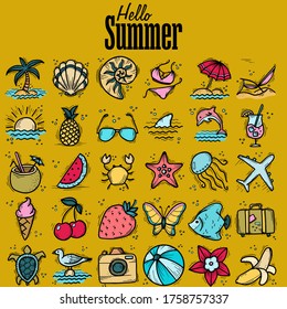 Set of icons and design elements for summer holidays and beach rest in doodle style. A set of elements drawn manually using a liner. Vector illustration.