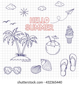 Set of icons and design elements for summer holidays and beach rest in doodle style