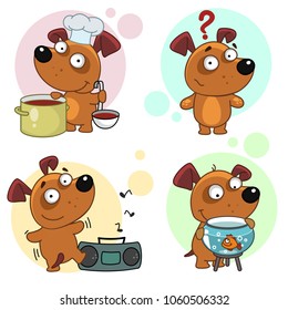A set of icons for a design featuring a dog cook with a chef at a saucepan dancing at the beatbox and a dog standing by the aquarium with a fish and a question.